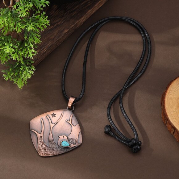 Rustic Bird Tree Pendant Necklace Turquoise Inlay - Picture 2 of 5